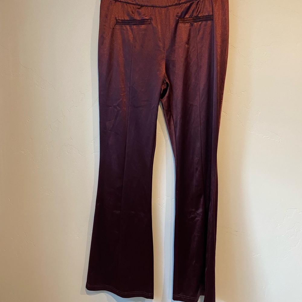 NWT Nasty Gal Satin Flare Leg Pants Plum Purple Size 10 Work Formal